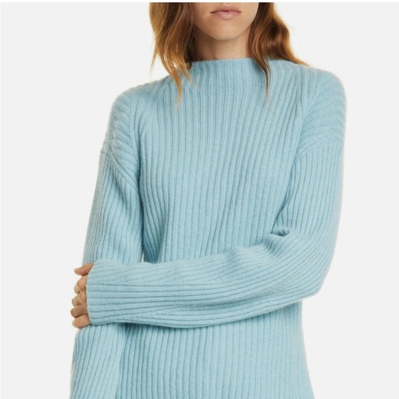 Vince Wool Cashmere Raglan Mock Neck Sweater Blue Mock Neck Ribbed Sz M - Picture 11 of 12